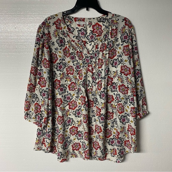 Rose + Olive Blouse Women 2X White Colorful Floral V Neck Tassel 3/4 Sleeves - Picture 1 of 8